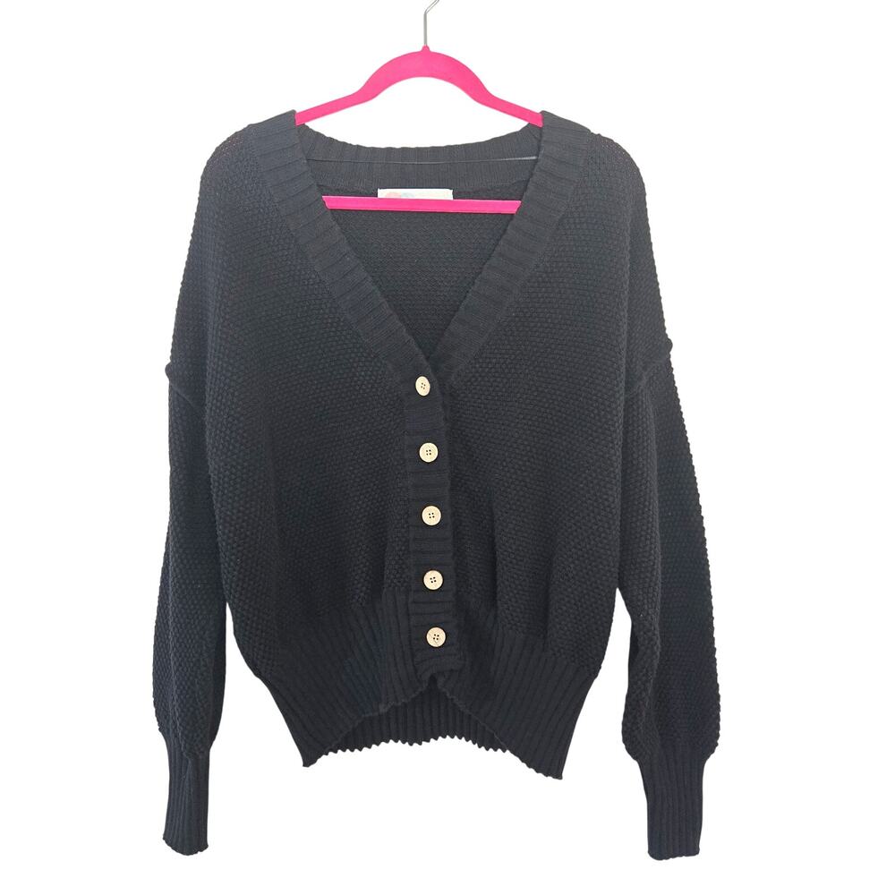 FP Beach Black Waffle Knit V-Neck Button Cardigan Sweater S